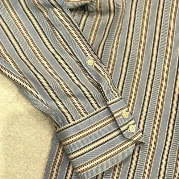 [39-15.5]  Hugo Boss Cotton Blue Beige Striped Blue Dress Shirt - Picture 2 of 4
